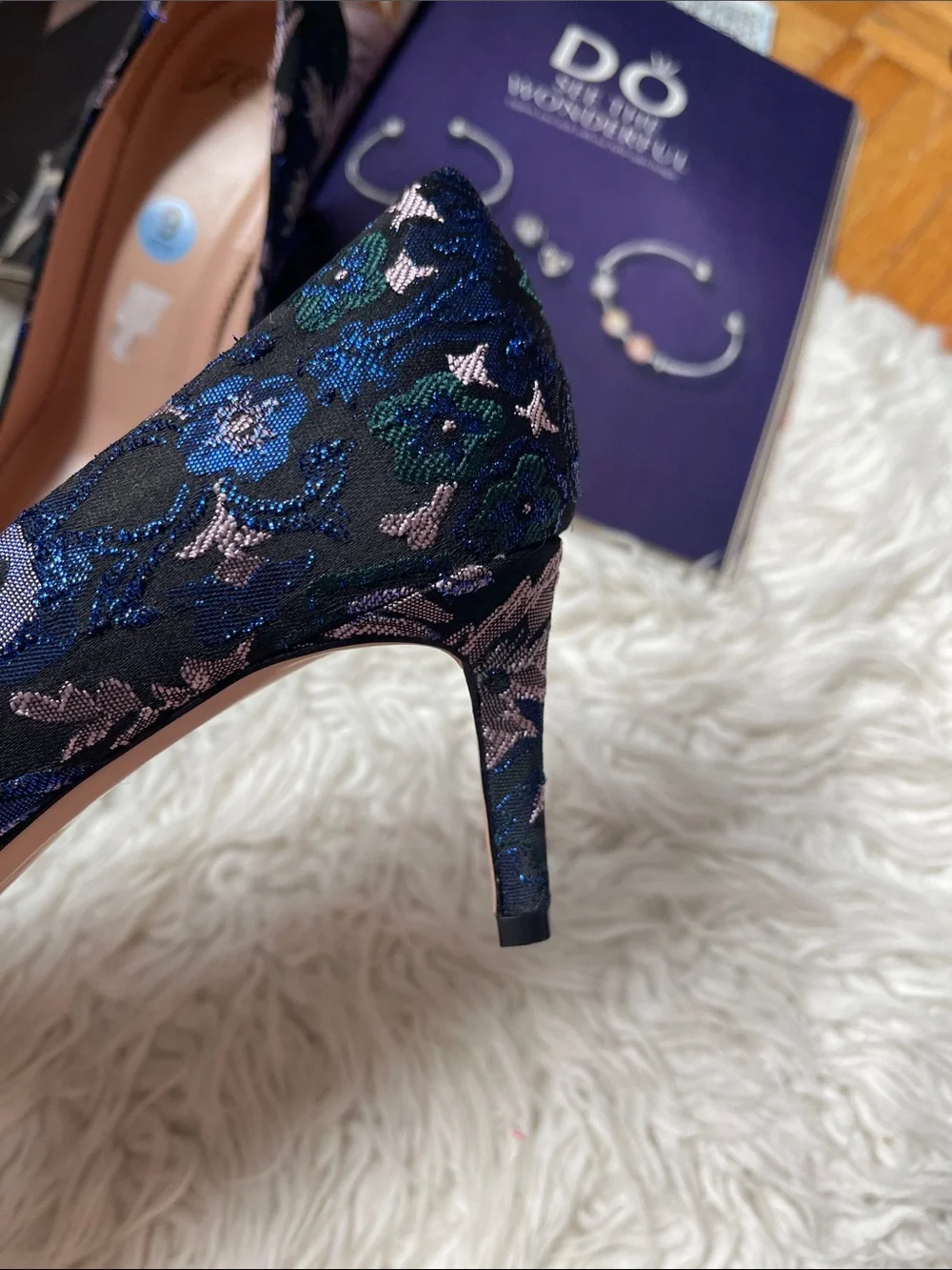 J. Crew Colette Jacquard Embellished Pumps Navy Floral Jacquard Pointed-T